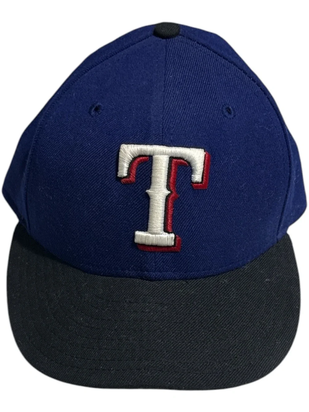 New Era Blue & Black Baseball Cap with White and Red 'T' Embroidery